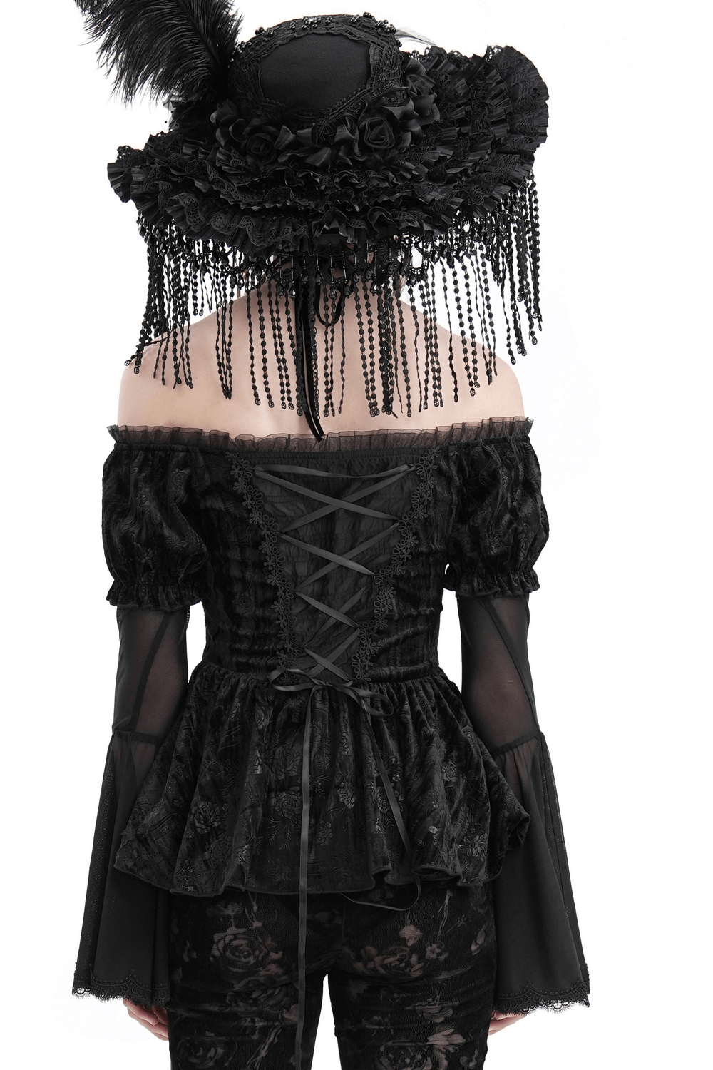 Off-Shoulder Velvet Top with Sheer Sleeves and Lace Trim