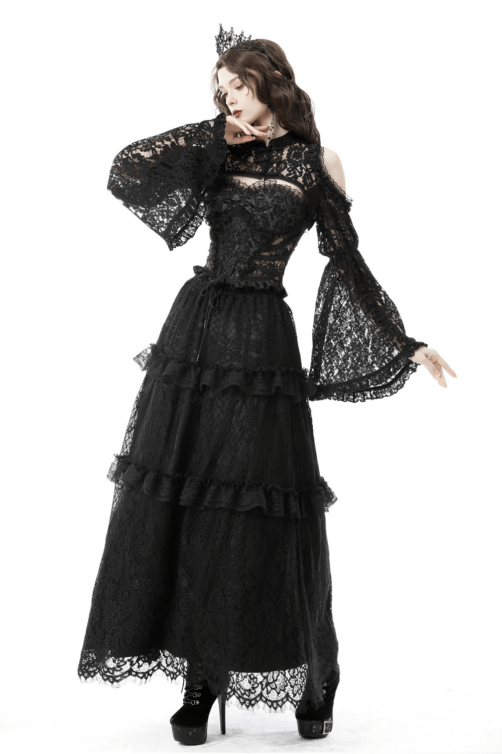 Elegant off-the-shoulder black lace bolero with ruffled sleeves, perfect for gothic evening wear.