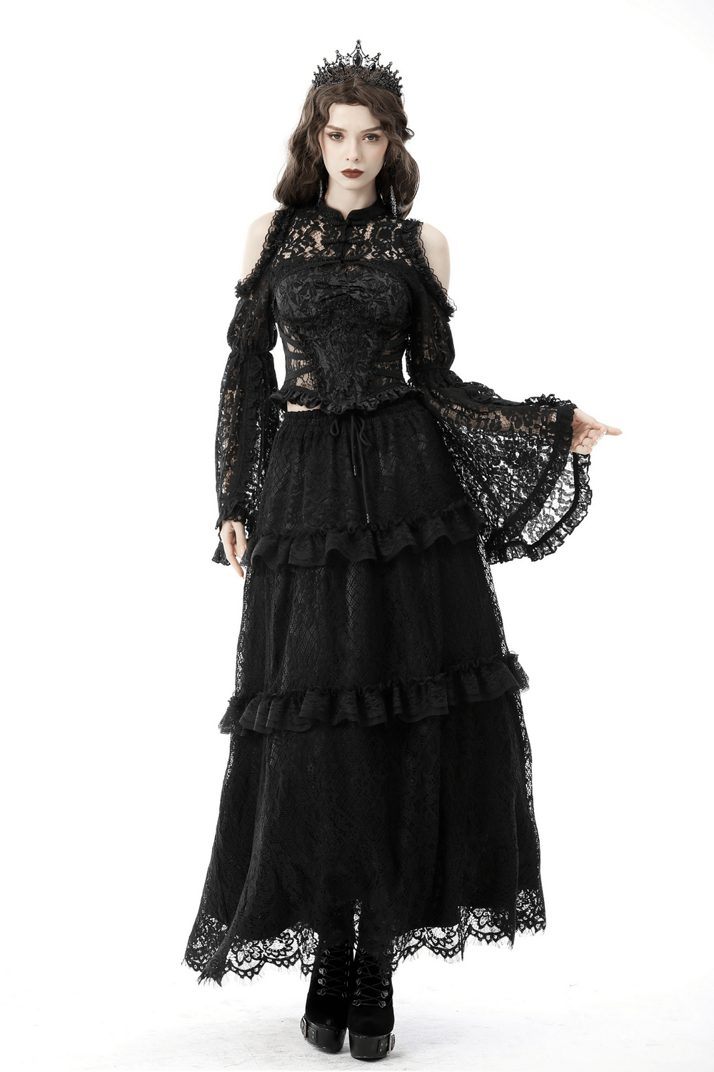 Elegant off-the-shoulder black lace bolero with ruffled sleeves, perfect for gothic evening wear.