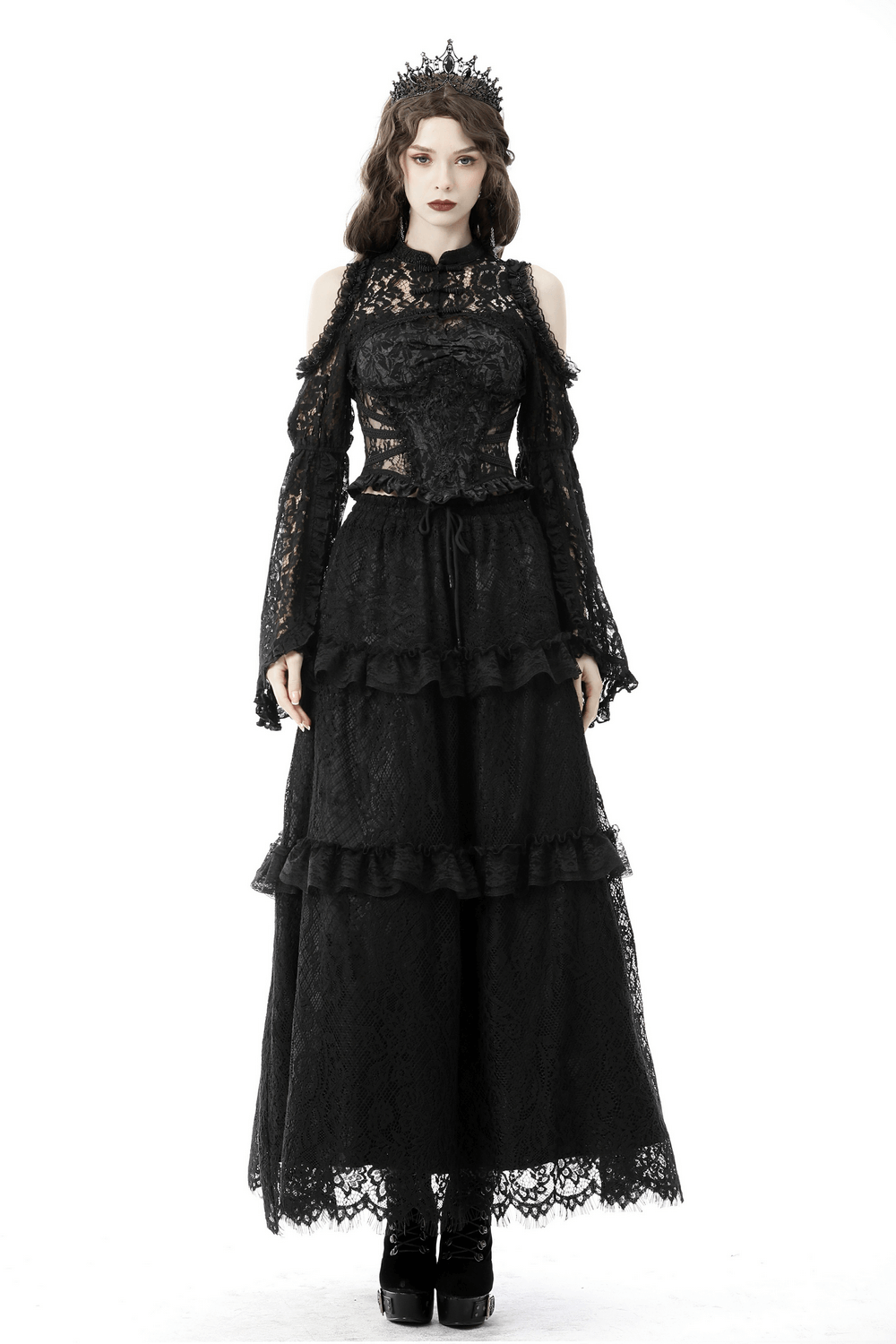 Elegant off-the-shoulder black lace bolero dress with ruffled sleeves, perfect for gothic evening wear.