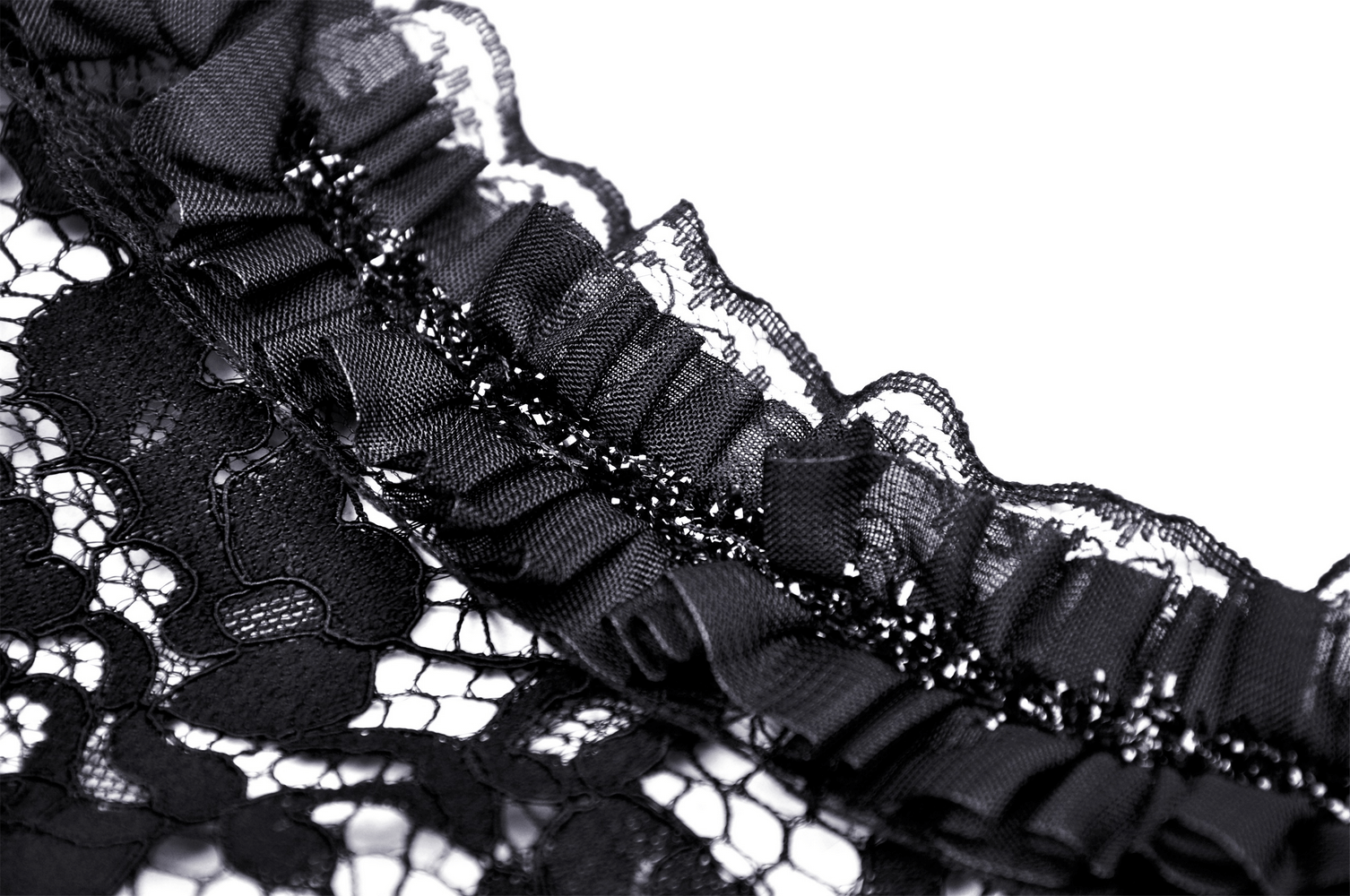 Close-up of elegant black lace fabric with ruffled trim, perfect for an off-the-shoulder bolero.