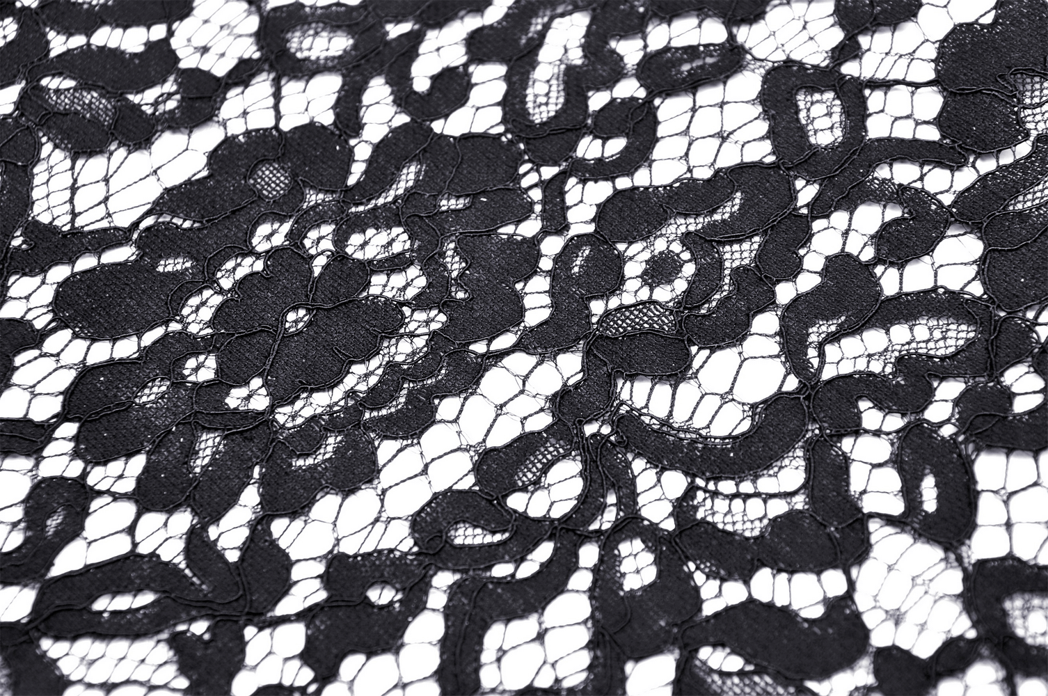 Close-up of delicate black lace fabric featuring intricate floral patterns, perfect for elegant evening wear.