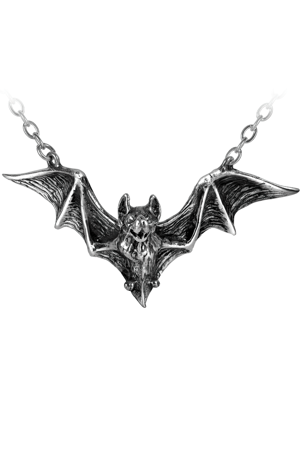Gothic pewter bat pendant necklace with raised wings for alternative fashion