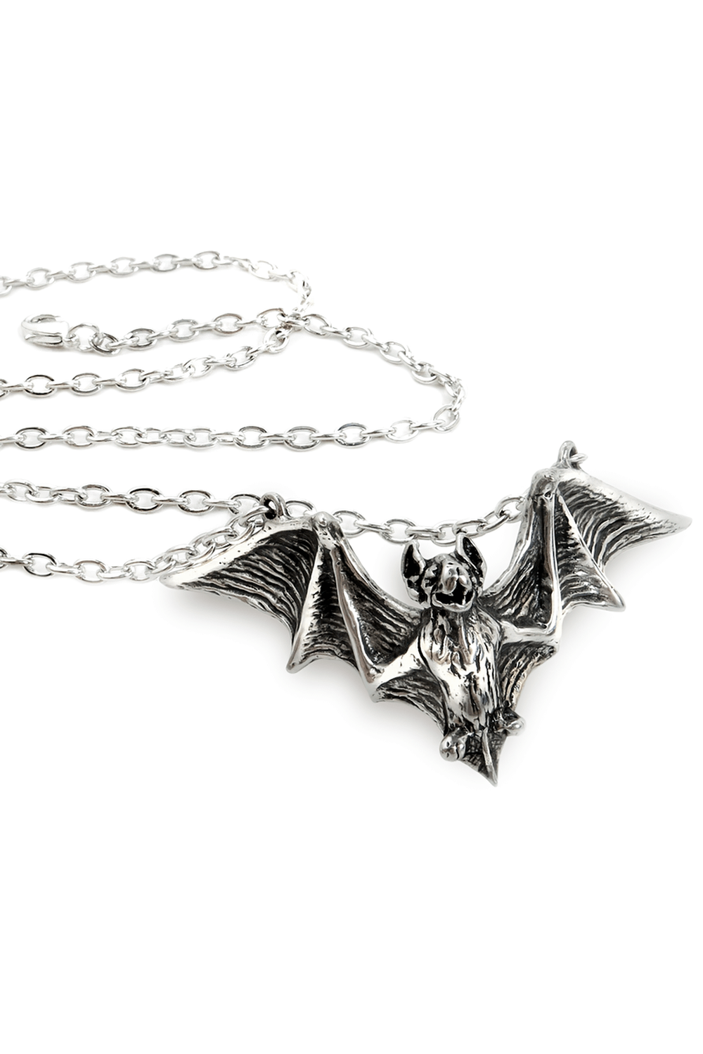 Om Strygia gothic pewter bat pendant necklace with outstretched wings, perfect for alternative style lovers.