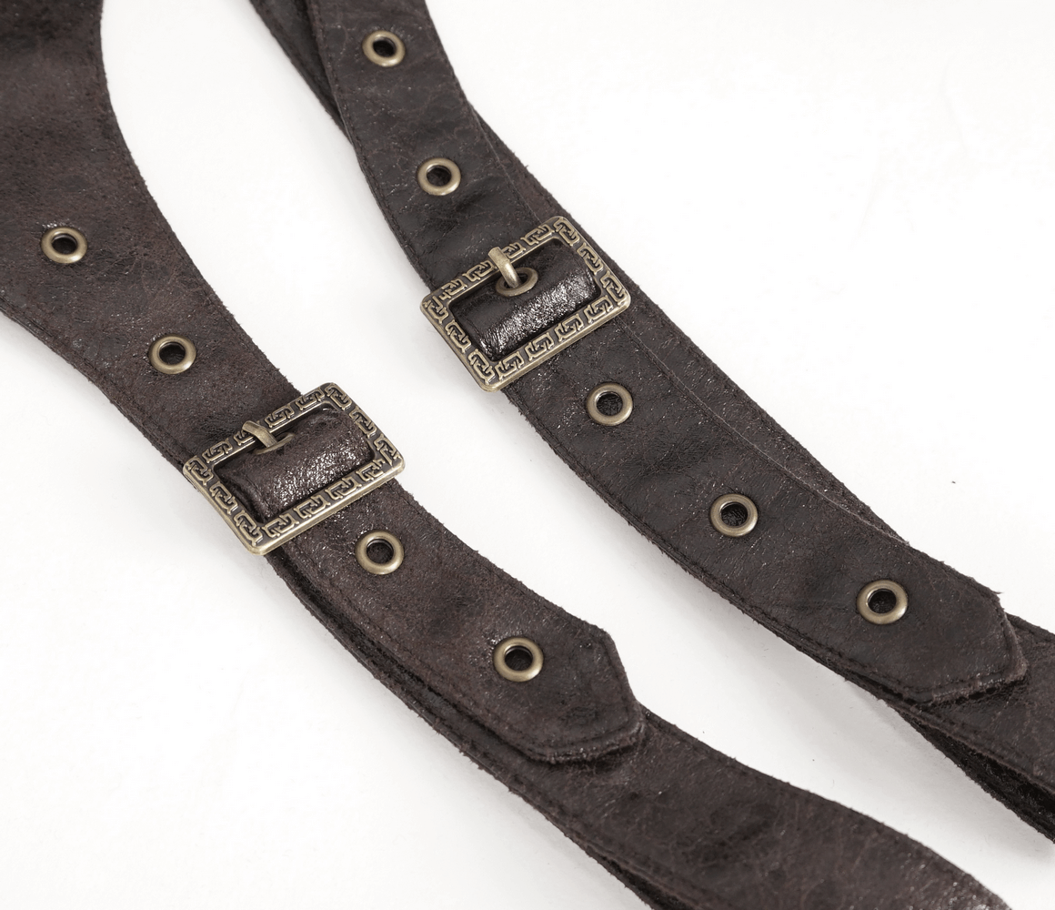 Gothic one-shoulder accessory straps with spikes and metal buckles in dark brown for a punk vibe