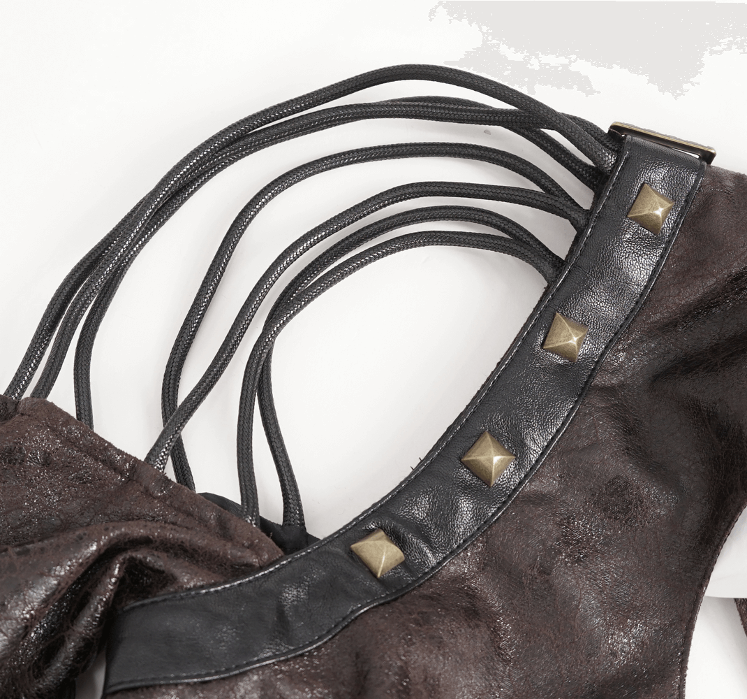 Dramatic gothic one-shoulder accessory in brown with spikes and studs, perfect for an edgy punk look.