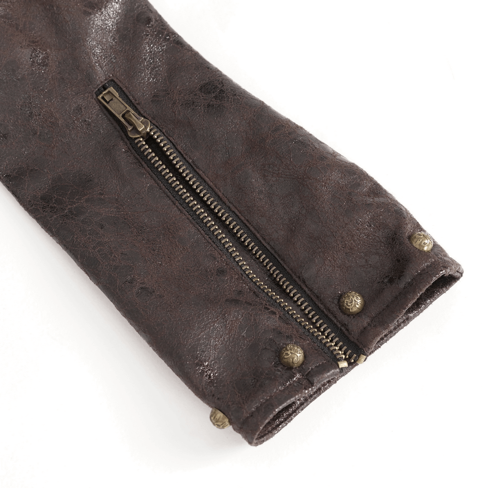 Dramatic brown one-shoulder accessory with spikes and zipper detail, ideal for a gothic punk wardrobe.