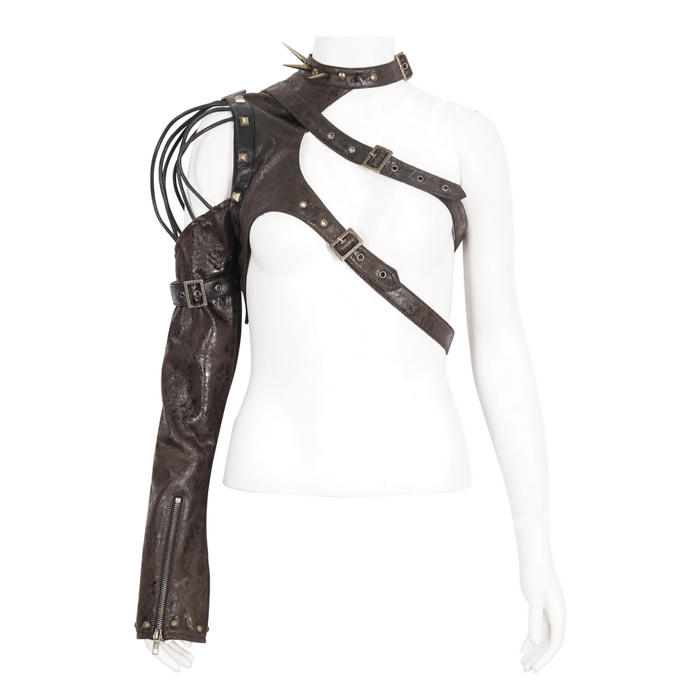 Dramatic brown one-shoulder accessory with spikes and straps, perfect for gothic and punk fashion enthusiasts.
