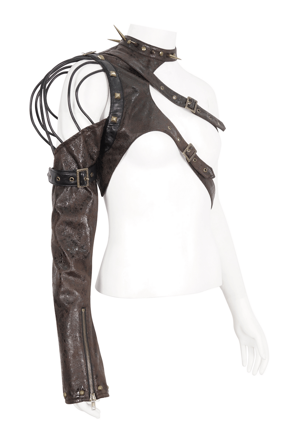 Dramatic one-shoulder accessory with spikes and studs for a gothic punk look, perfect for edgy fashion enthusiasts.