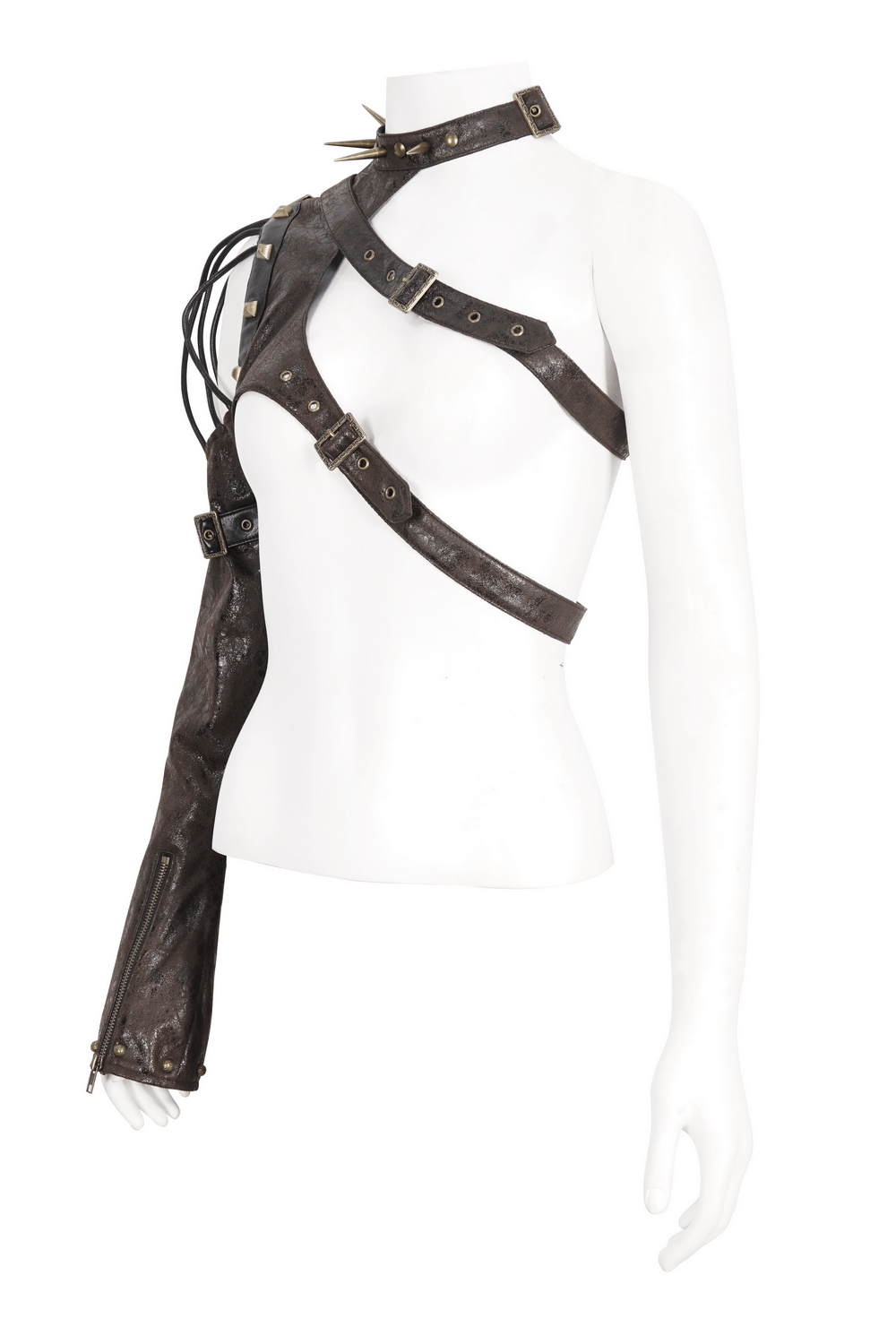 Dramatic gothic one-shoulder accessory with spikes and straps for a punk wardrobe upgrade.