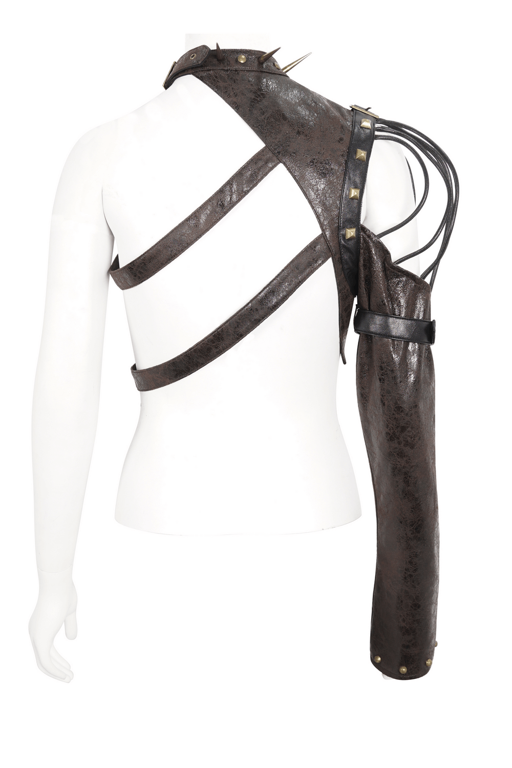 Dramatic gothic one-shoulder accessory with spikes and straps, perfect for edgy punk fashion.