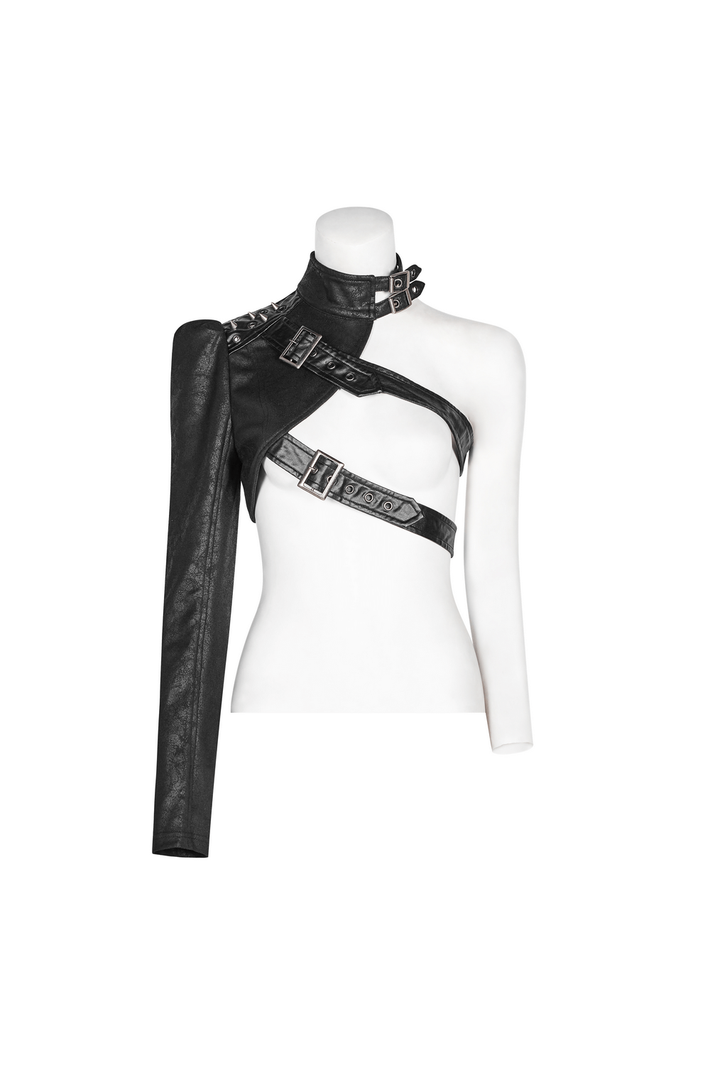 One Shoulder Faux Leather Punk Jacket with Buckles, edgy asymmetric design for a bold gothic fashion statement.