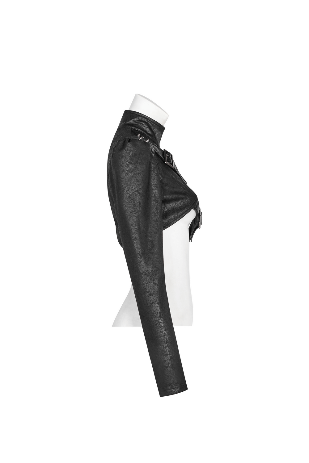 One shoulder faux leather punk jacket with buckles, showcasing edgy asymmetrical design and unique silhouette.