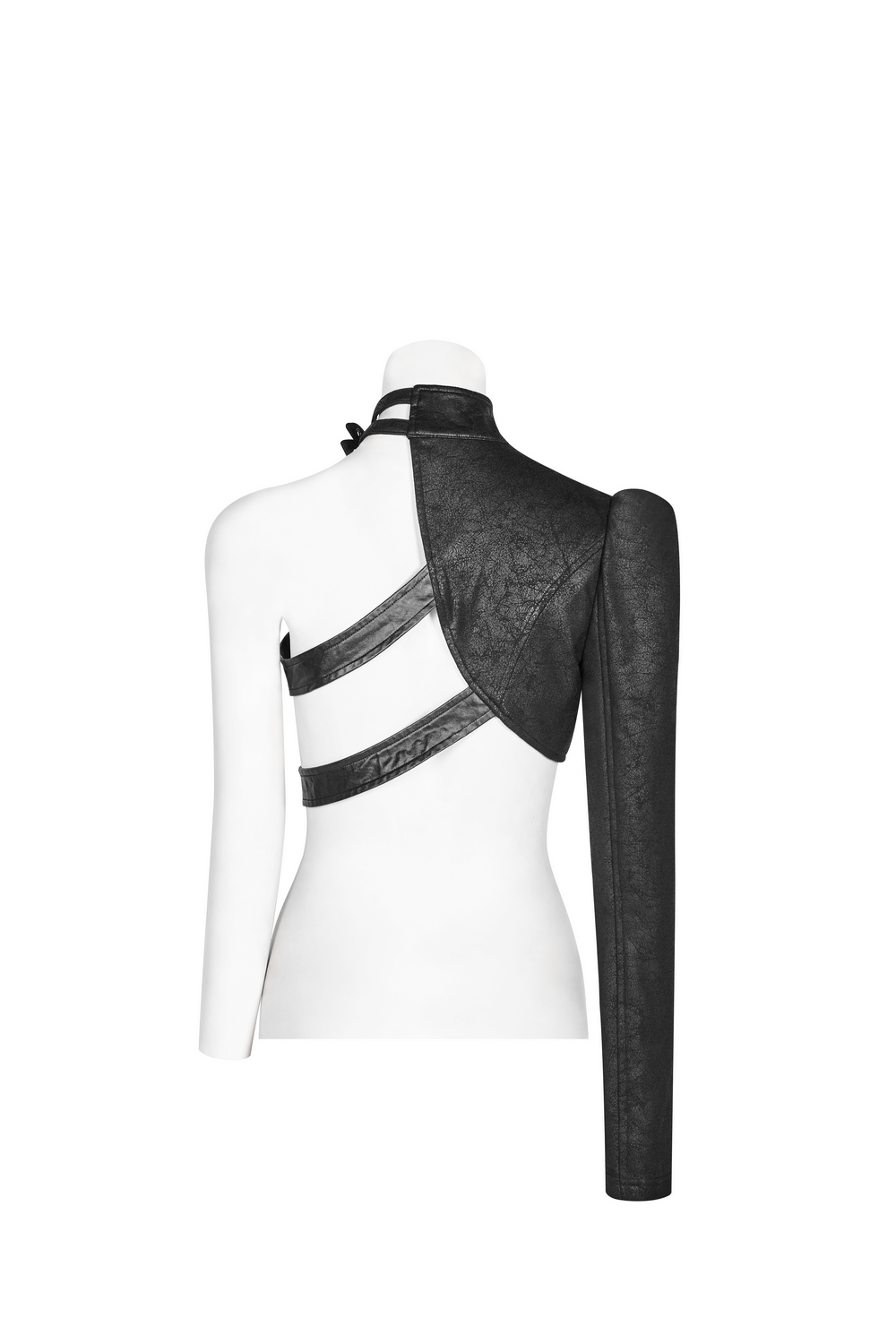 One shoulder faux leather punk jacket featuring buckles and an asymmetric design for edgy gothic style.