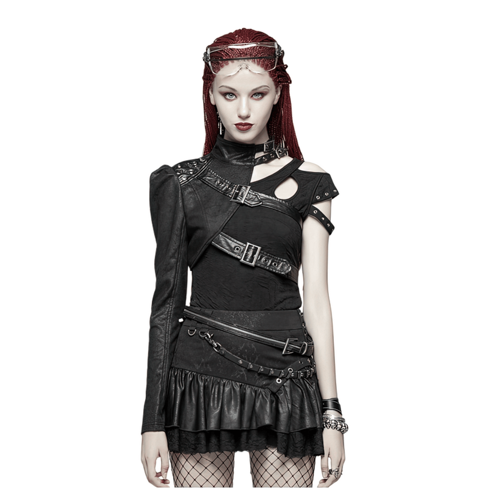 One shoulder faux leather punk jacket with buckles, showcasing edgy gothic fashion and individuality.