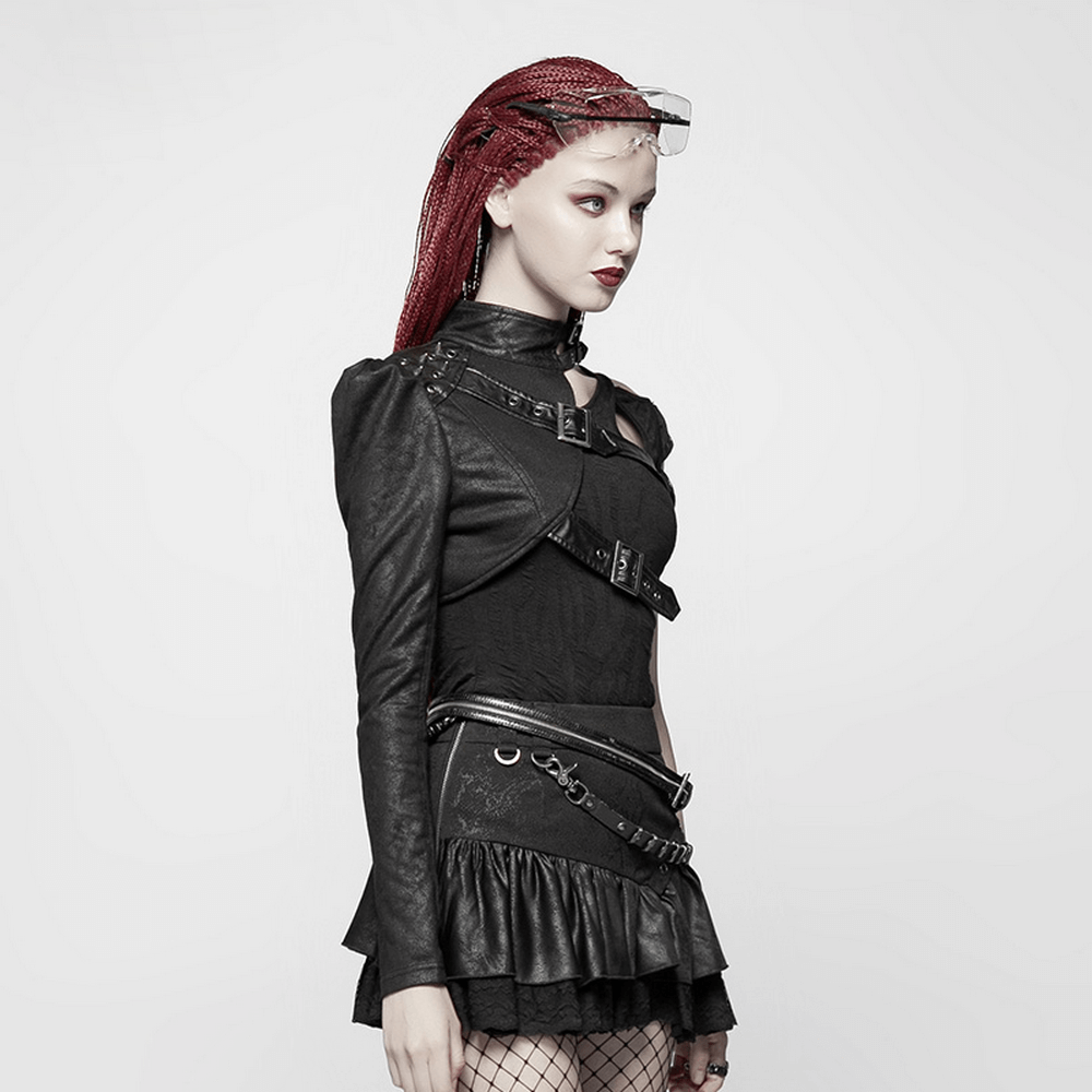 Model wearing a one shoulder faux leather punk jacket with buckles, showcasing an edgy gothic fashion style.