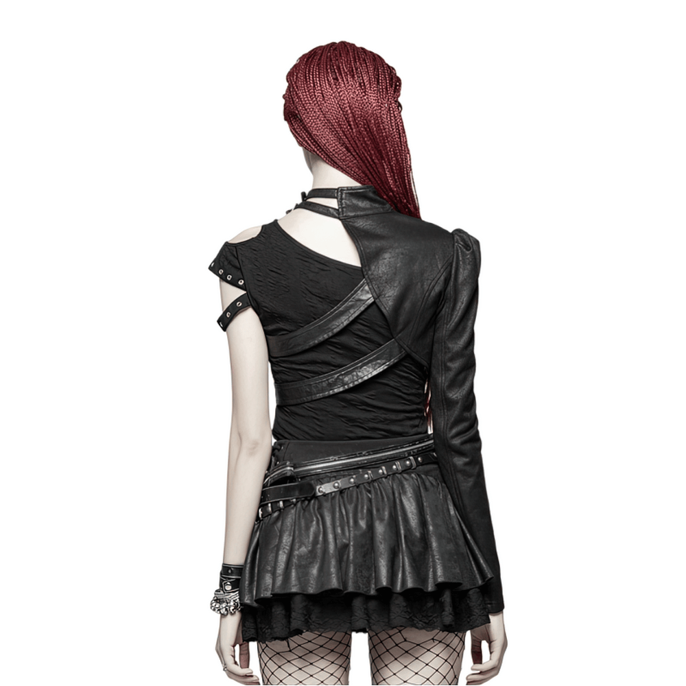 Back view of edgy one shoulder faux leather punk jacket with buckles and braided hair style, showcasing unique design.