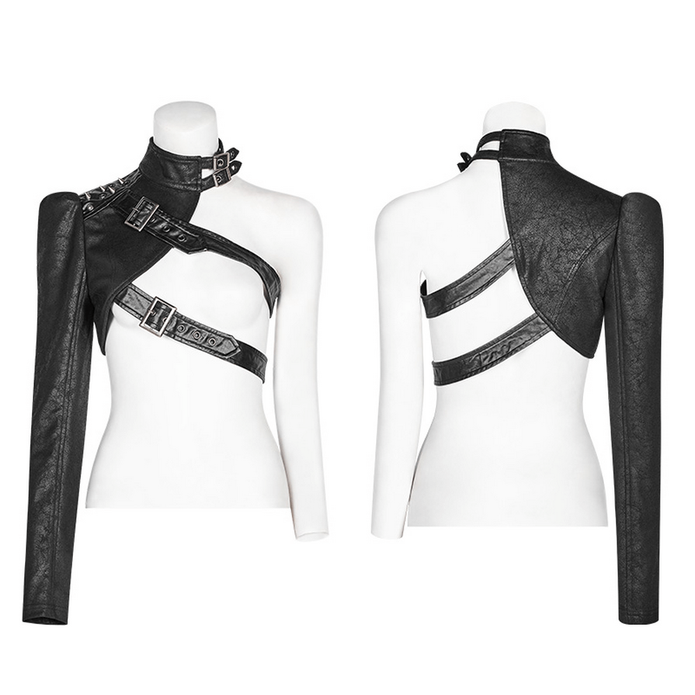 One Shoulder Faux Leather Punk Jacket with Buckles showcasing asymmetric design and edgy details in black.