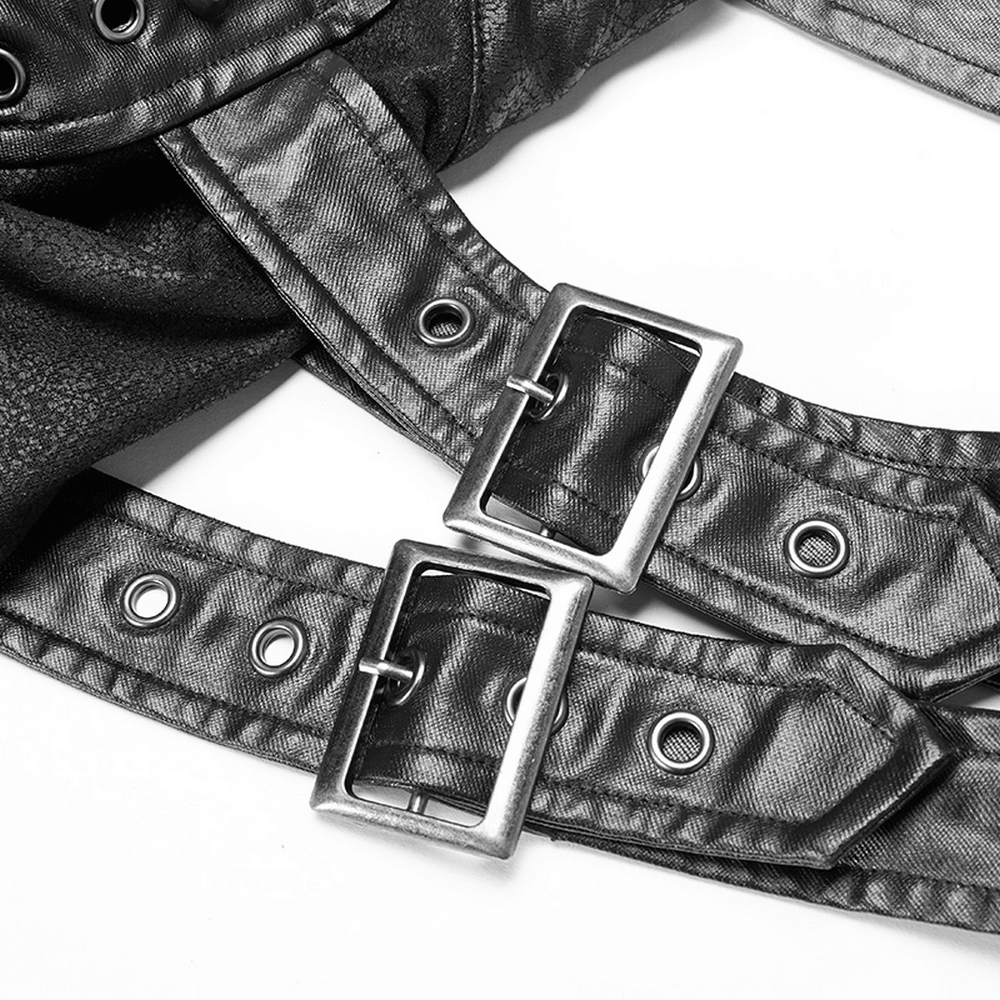 Close-up of buckle detail on the One Shoulder Faux Leather Punk Jacket, showcasing edgy design and craftsmanship.