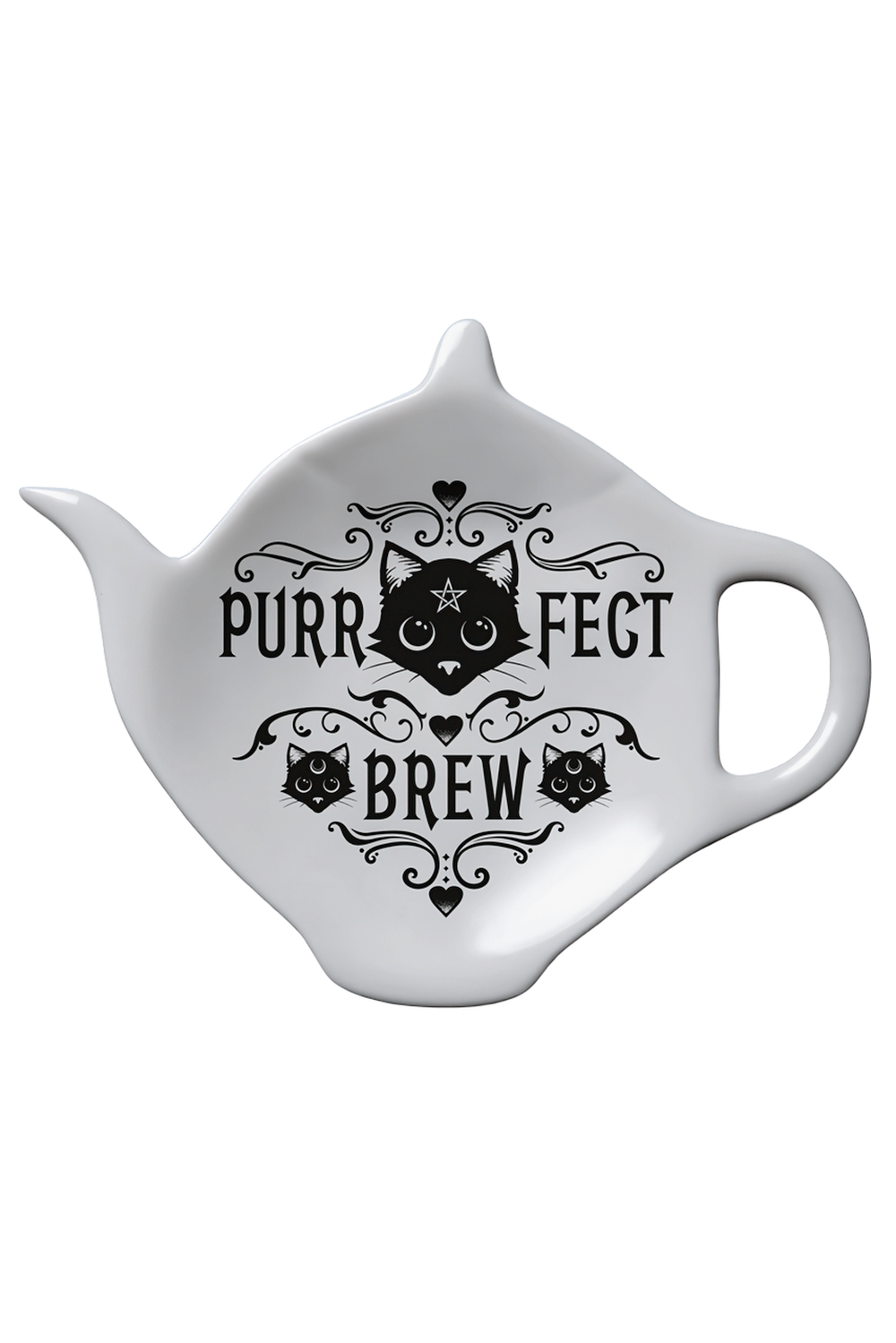 Gothic cat-themed spoon rest in teapot shape with 'Purrfect Brew' text, perfect for a witchy kitchen.