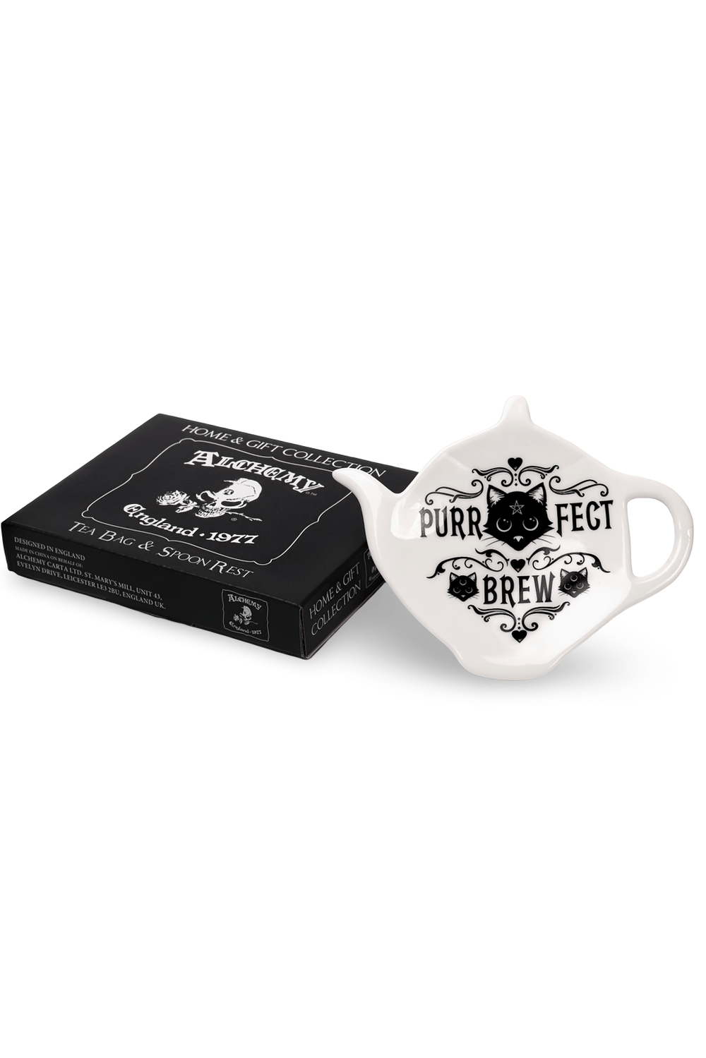 Gothic cat teapot spoon rest from Alchemy Home, perfect for tea lovers and witchy kitchens.