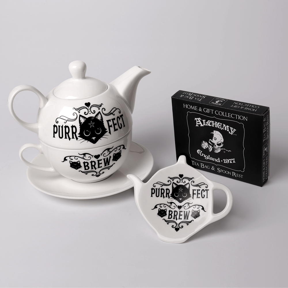 Gothic cat teapot and spoon rest from Alchemy Home and Gift Collection, perfect for tea lovers.