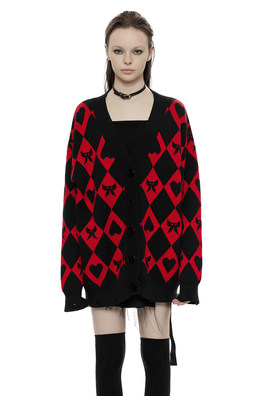 Bold red and black diamond weave pattern cardigan with buttons, featuring a relaxed fit and V-shaped placket.