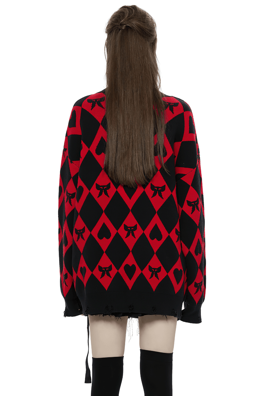 Back view of a red and black diamond weave knit cardigan featuring bows, showcasing modern elegance and relaxed fit.