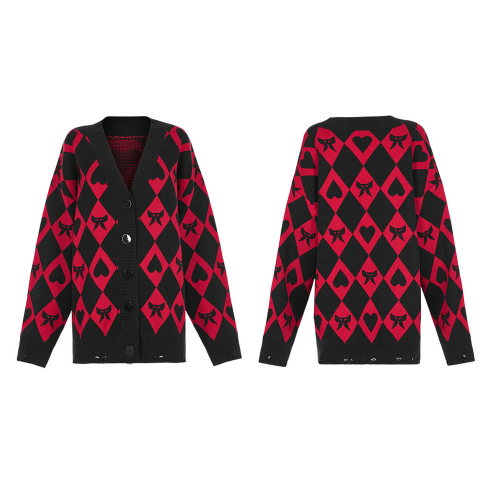 Original diamond weave pattern knit cardigan in red and black, featuring relaxed fit and button closure for stylish comfort.