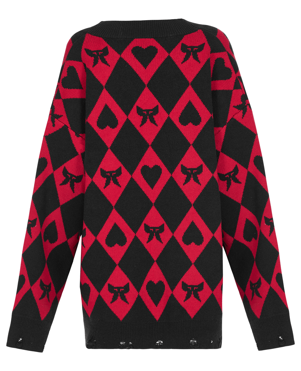 Stylish diamond weave pattern knit cardigan in red and black with heart and bow motifs, featuring relaxed fit and spliced rib details.