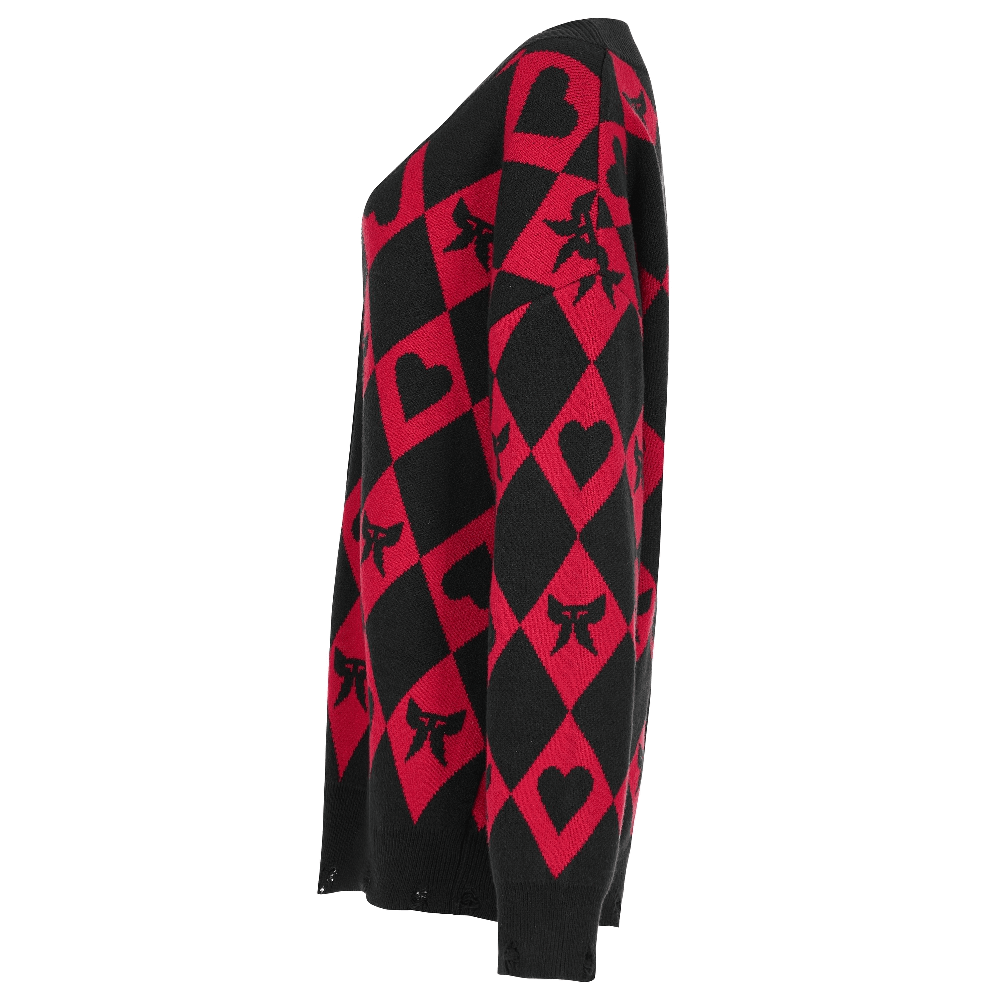 Stylish original diamond weave knit cardigan in red and black with hearts and bows pattern, showcasing a relaxed fit.