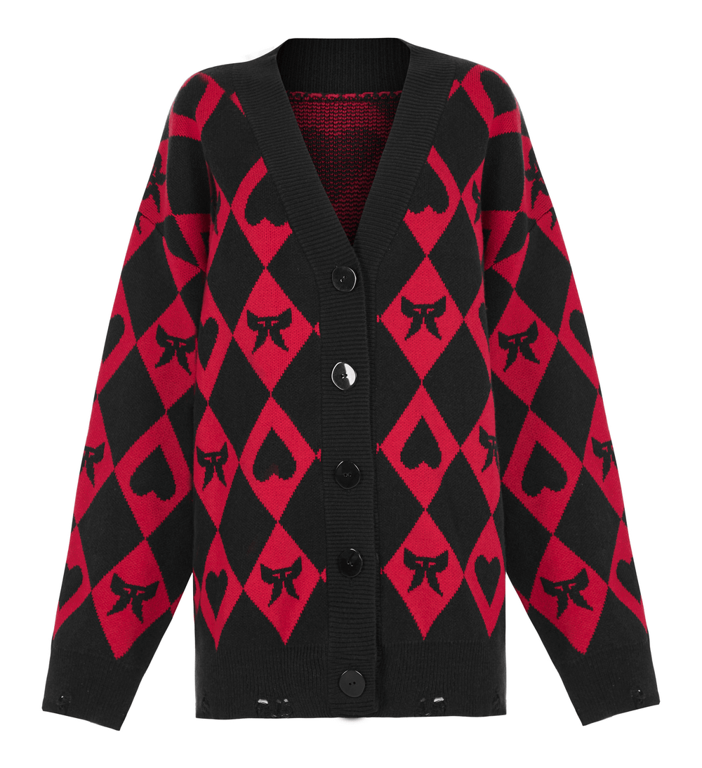 Original diamond weave knit cardigan in black and red with buttons and relaxed fit, showcasing modern and classic design.