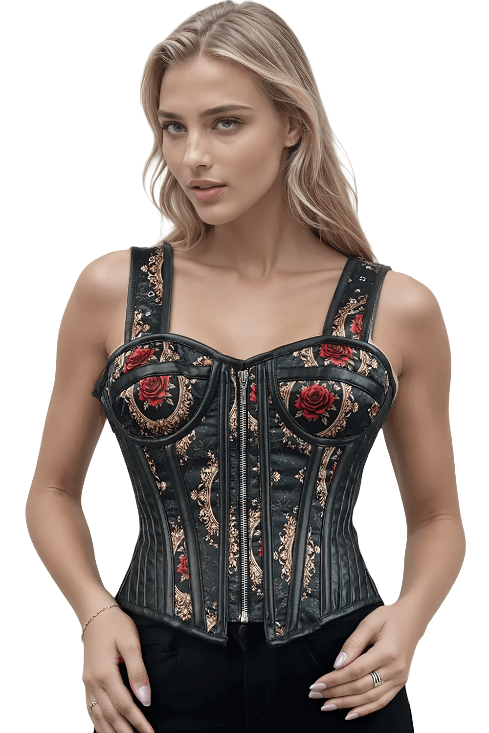 Ornate Baroque and Rose Overbust Corset with Faux Leather featuring beautiful red roses and intricate designs.