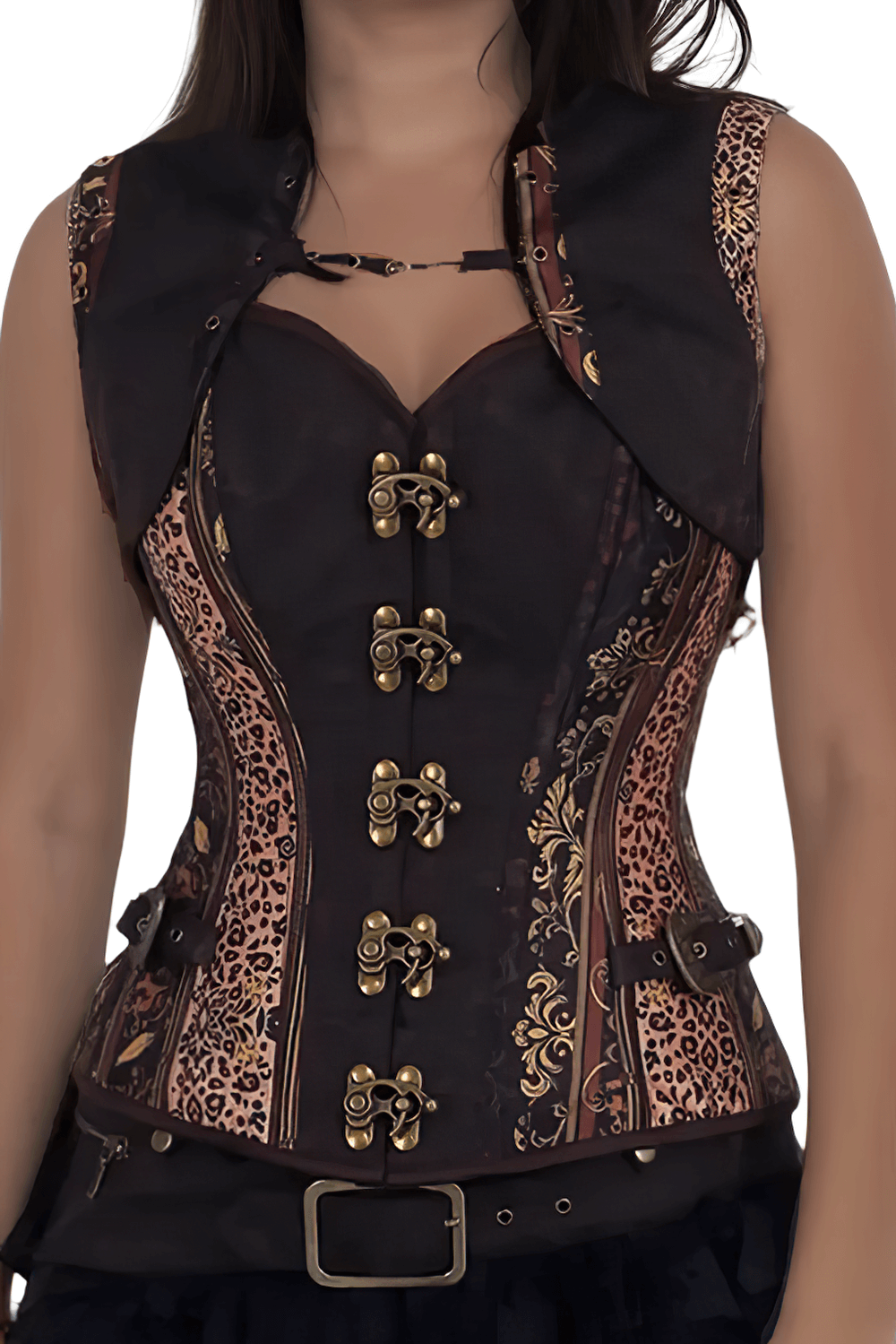 Ornate brocade overbust corset featuring antique brass buckles and vintage-inspired detailing.