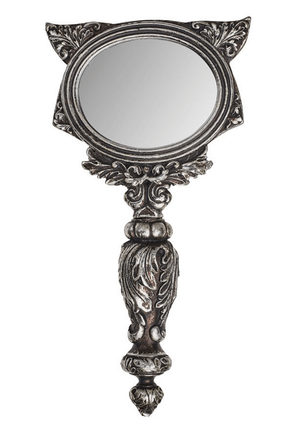 Ornate cat handheld mirror with vintage silver detailing for gothic and mystical decor.