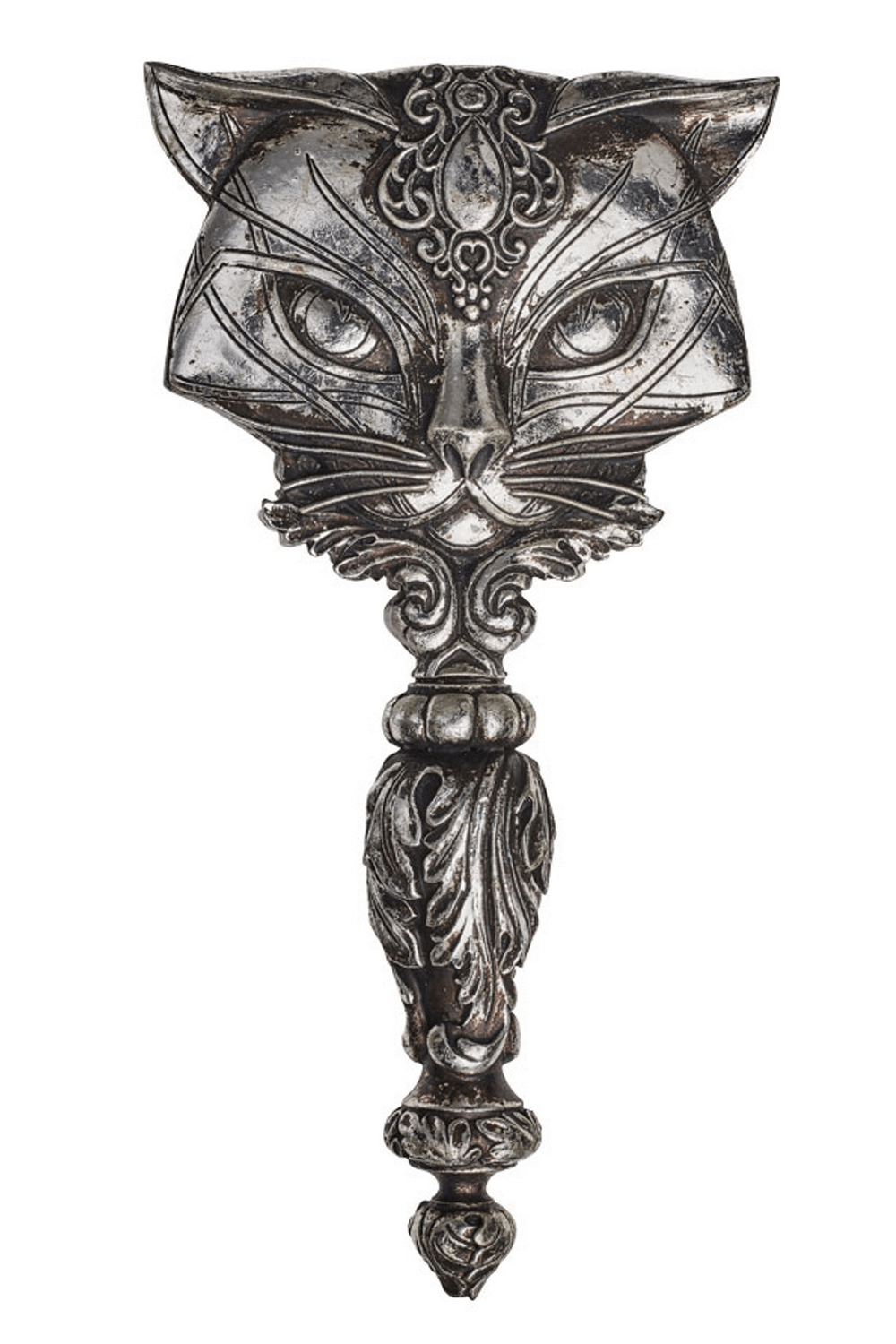 Ornate cat handheld mirror with vintage silver detailing, perfect for gothic and mystical decor.