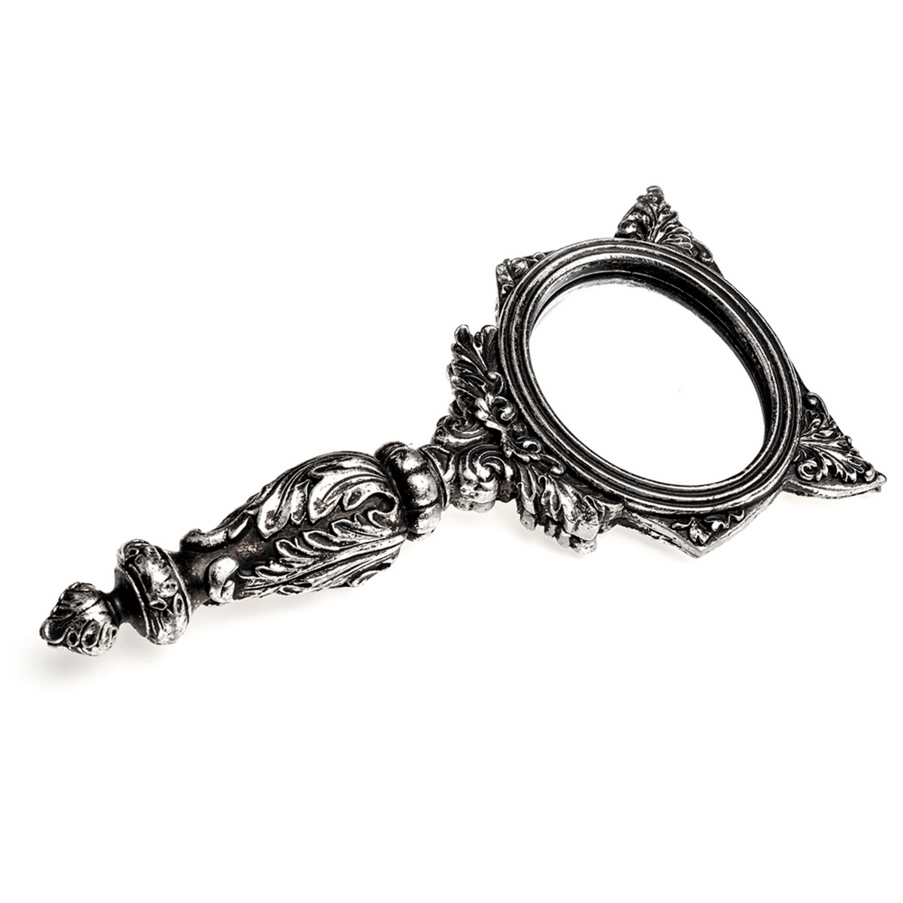 Ornate silver handheld mirror featuring intricate cat design, perfect for gothic and mystical decor.