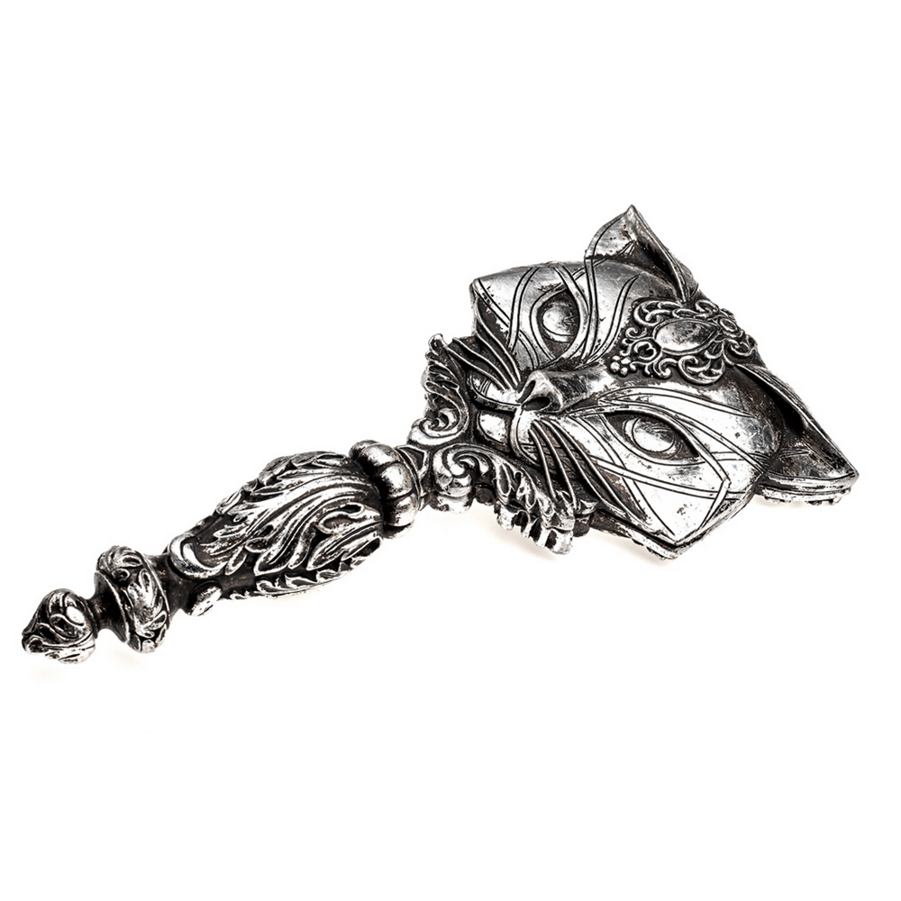 Ornate silver cat handheld mirror with intricate detailing for gothic and mystical decor.