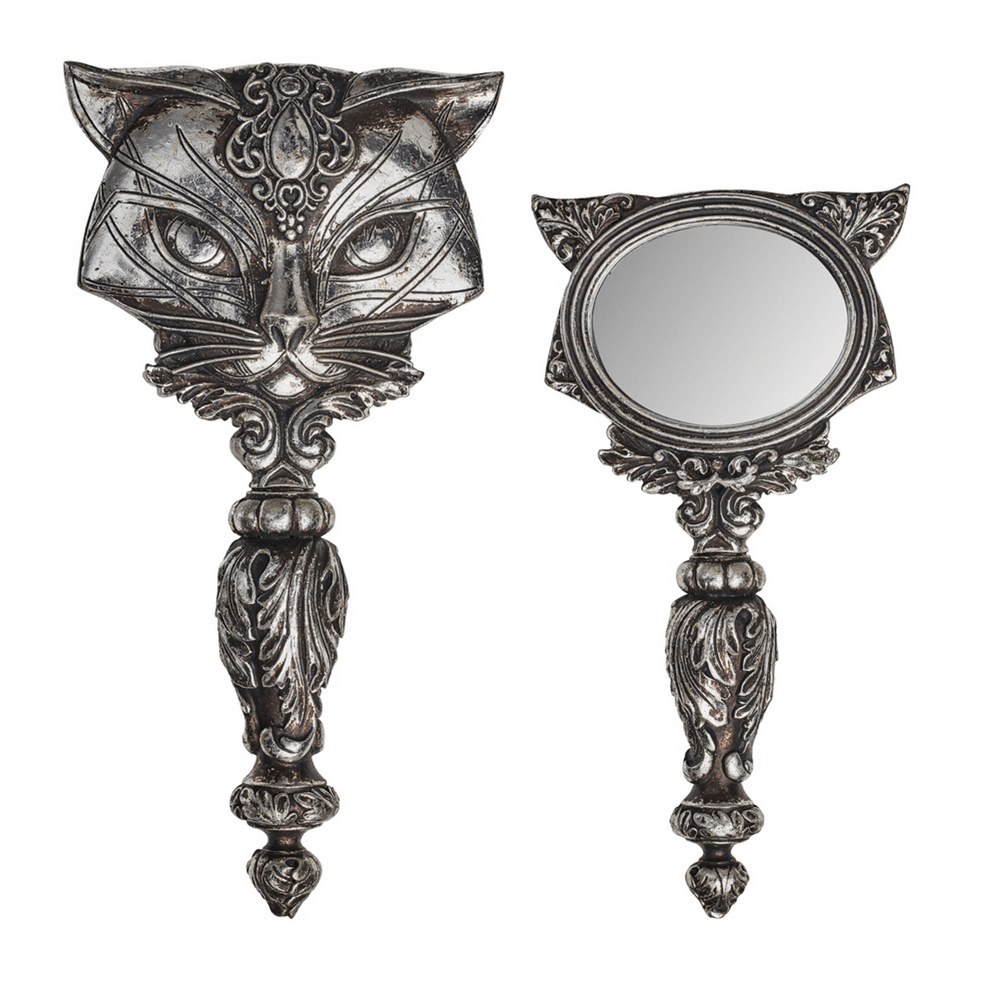 Ornate cat handheld mirror with silver vintage detailing for gothic and mystical decor.