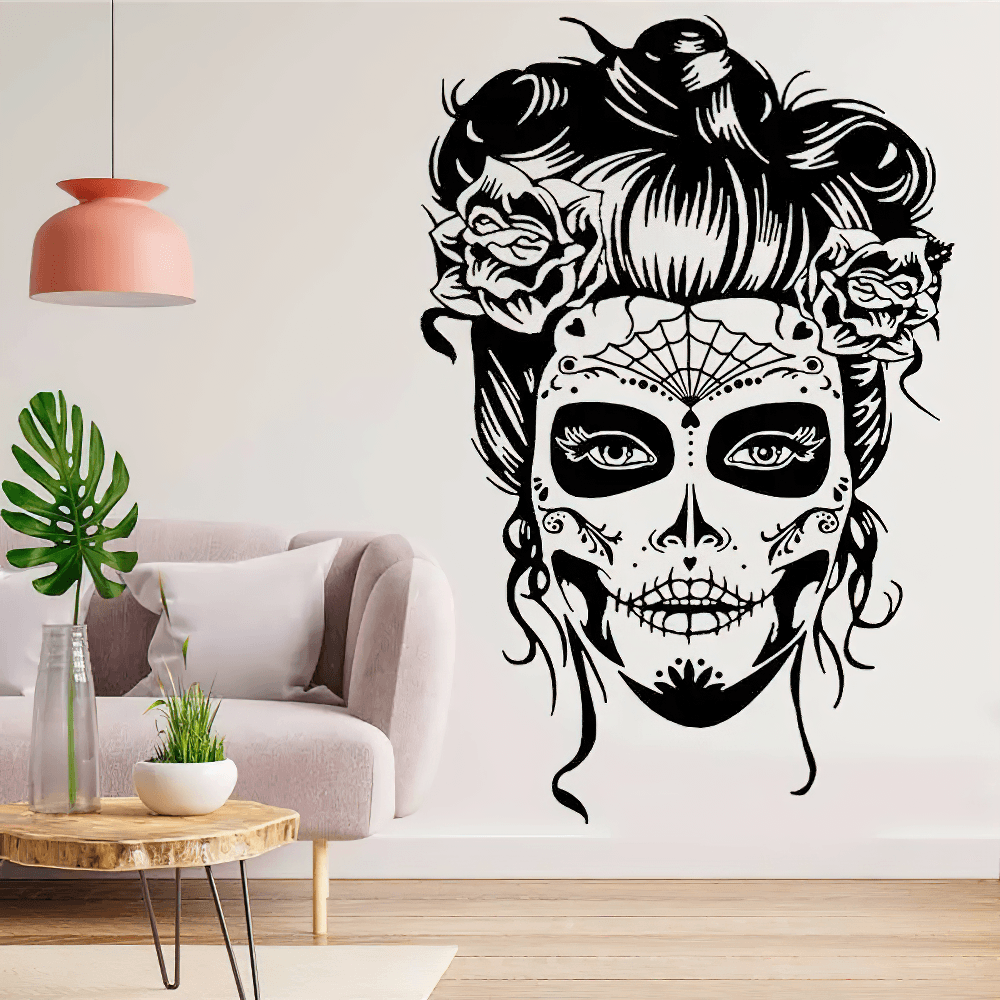 Sticker mural gothique en vinyle représentant un crâne en sucre orné de motifs floraux