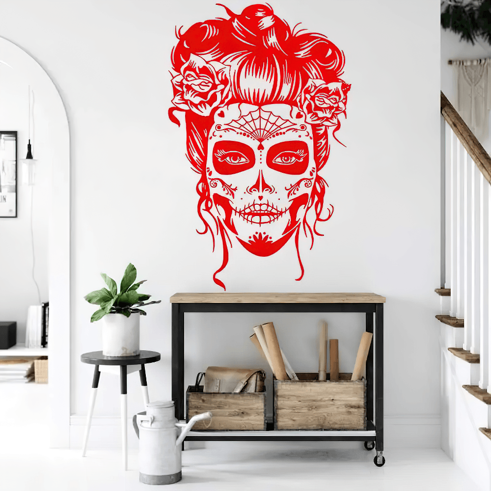 Sticker mural gothique en vinyle représentant un crâne en sucre orné de motifs floraux