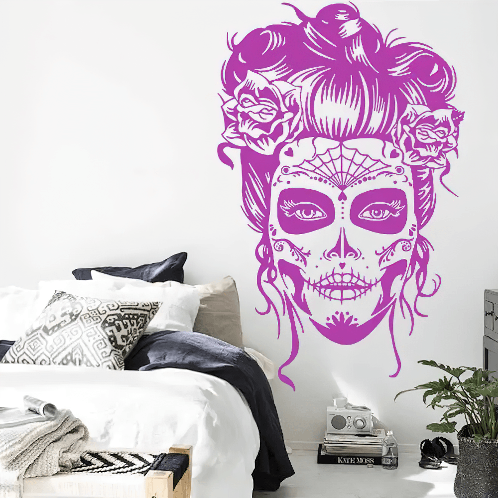 Sticker mural gothique en vinyle représentant un crâne en sucre orné de motifs floraux