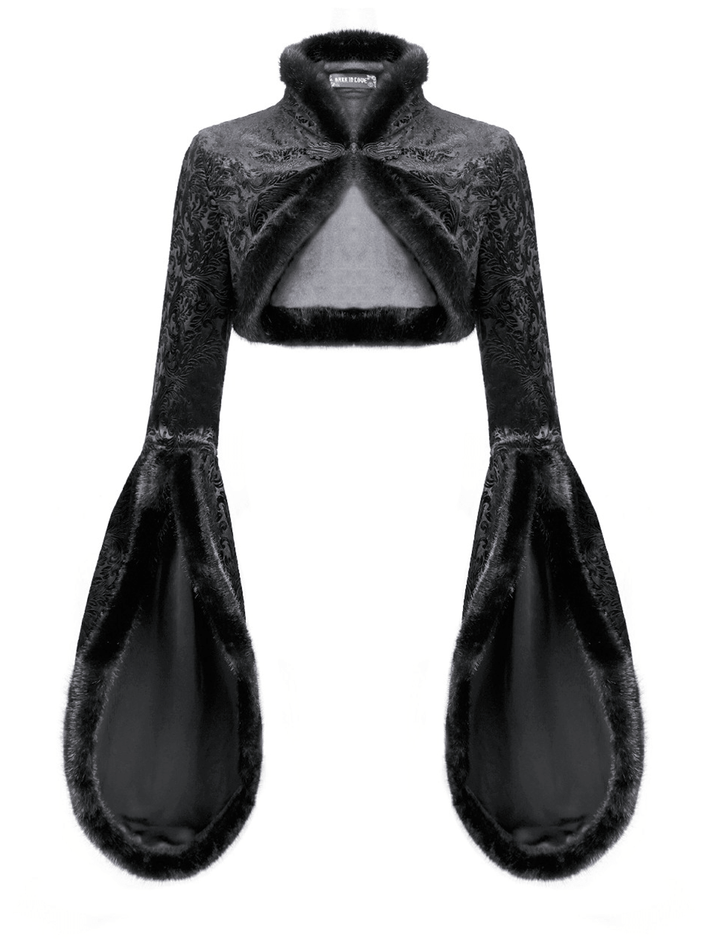 Ornate Gothic Brocade Bolero with Bell Sleeves black faux fur trimmed cropped bolero with dramatic bell sleeves