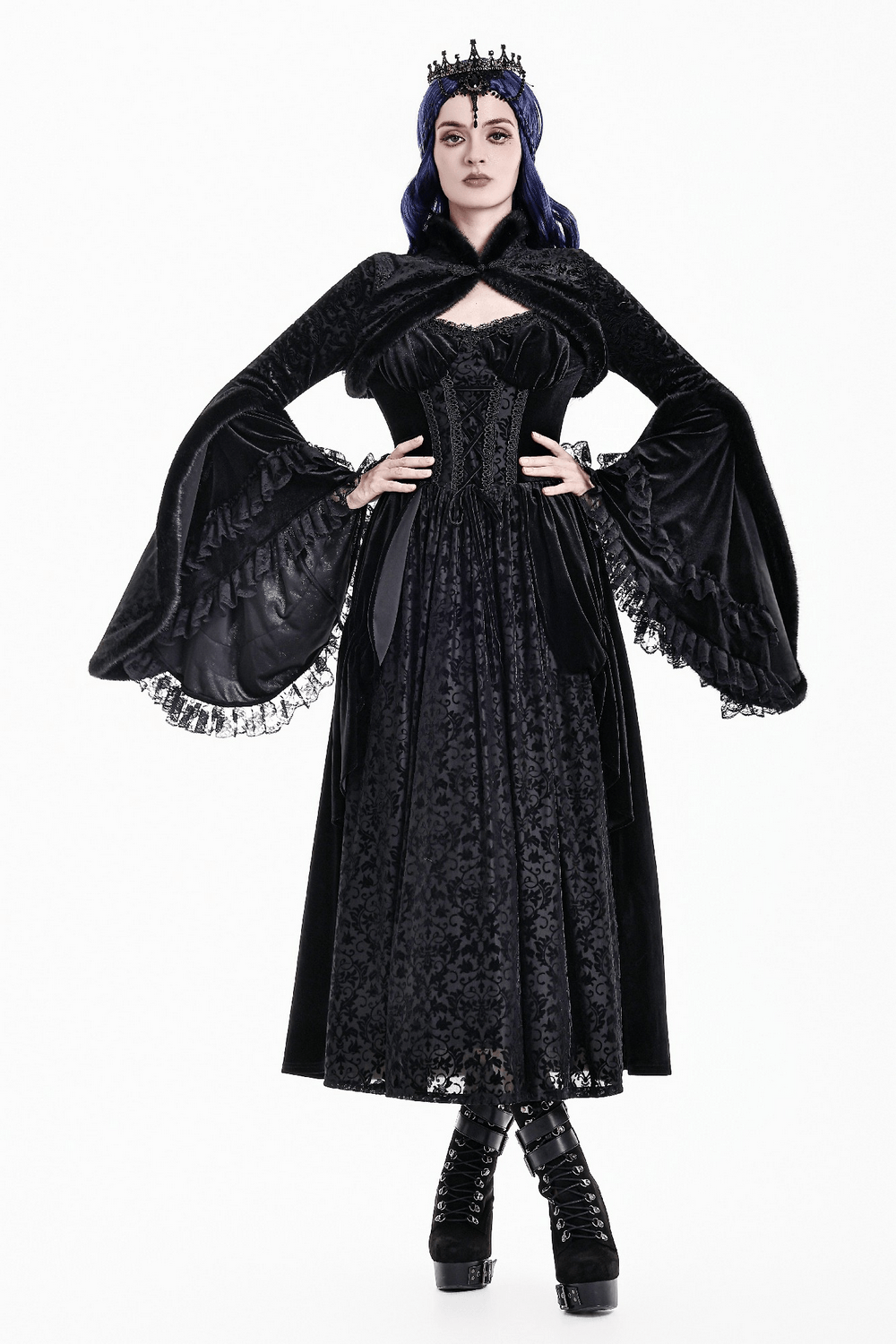Ornate Gothic Brocade Bolero with Bell Sleeves, black faux fur trim and dramatic cropped gothic style
