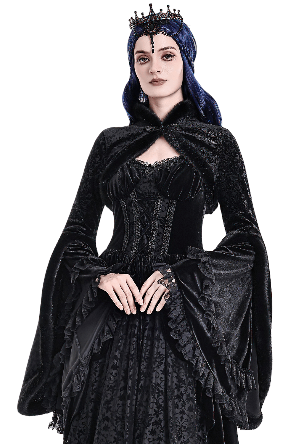 Ornate Gothic Brocade Bolero with Bell Sleeves, black brocade cape with faux fur trim and dramatic gothic flair