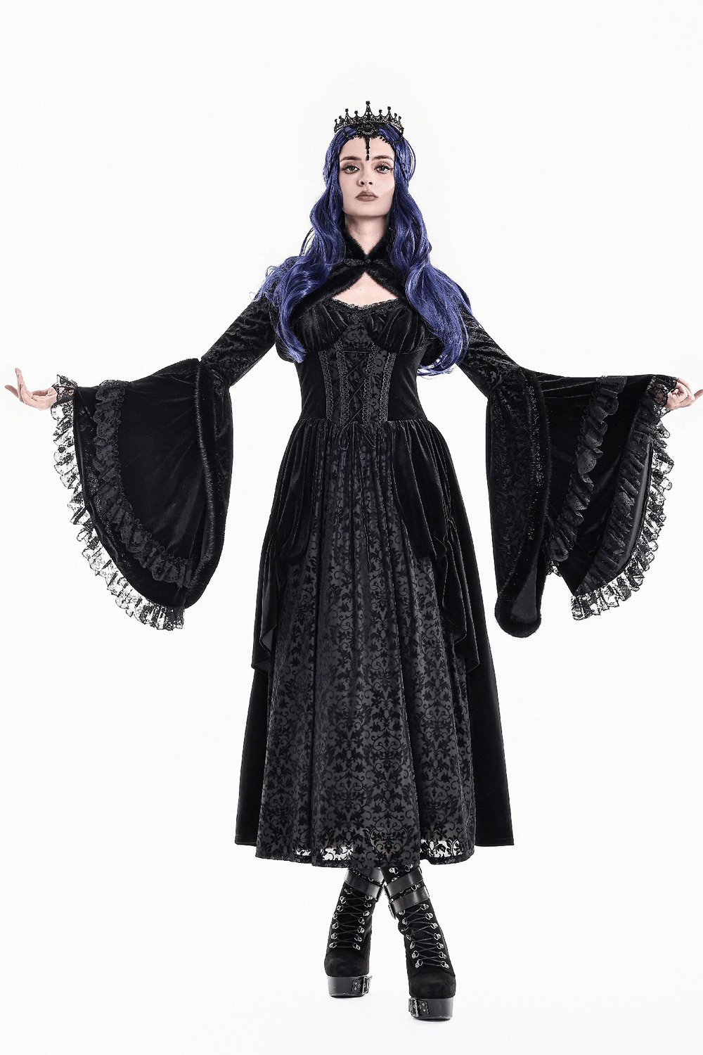 Ornate Gothic Brocade Bolero with Bell Sleeves, black velvet gothic cover-up with faux fur trim and dramatic cuffs