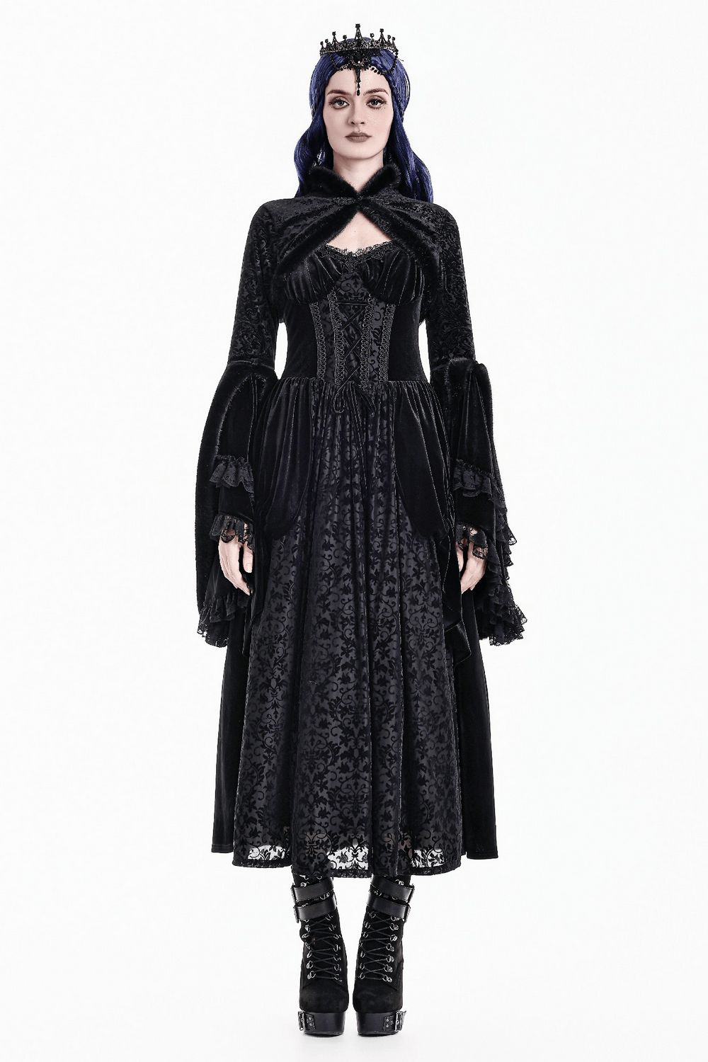 Ornate Gothic Brocade Bolero with Bell Sleeves, black faux fur gothic crop jacket for dramatic romantic layering