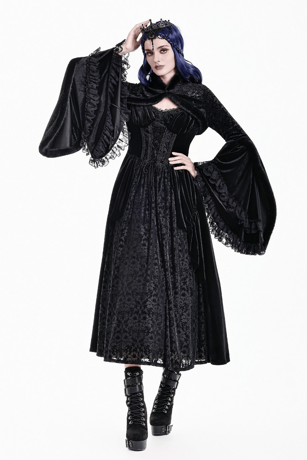 Ornate Gothic Brocade Bolero with Bell Sleeves black velvet gothic dress with dramatic lace trim and flowing sleeves