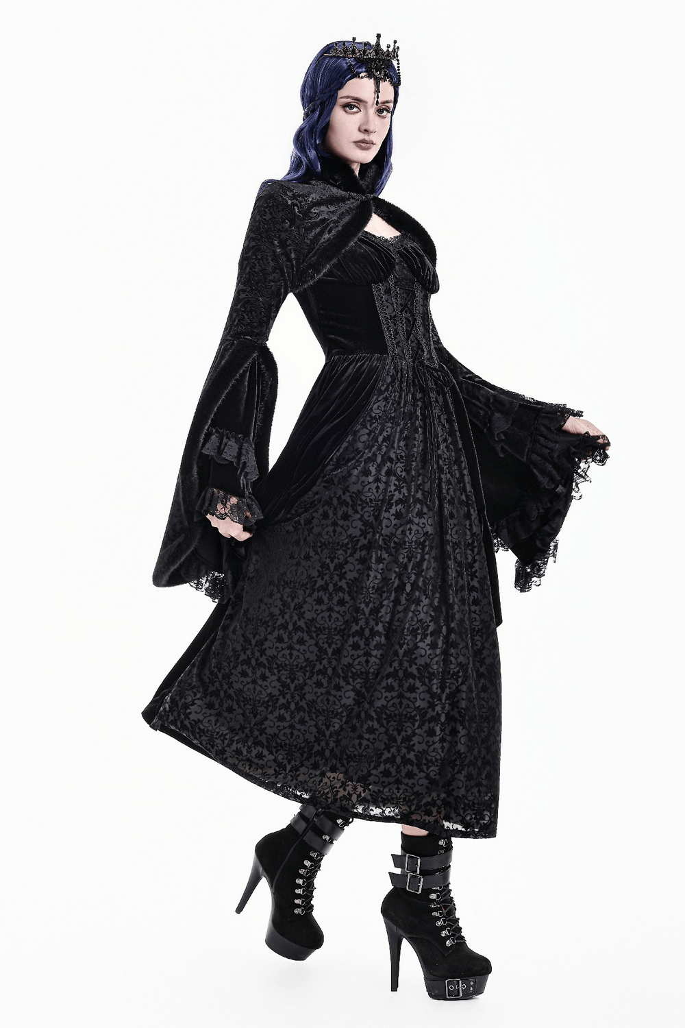 Ornate Gothic Brocade Bolero with Bell Sleeves black faux fur gothic cover-up with dramatic bell sleeves
