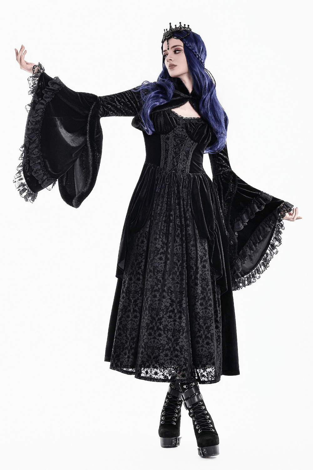 Ornate Gothic Brocade Bolero with Bell Sleeves, black brocade gothic cover-up with faux fur trim and dramatic cuffs